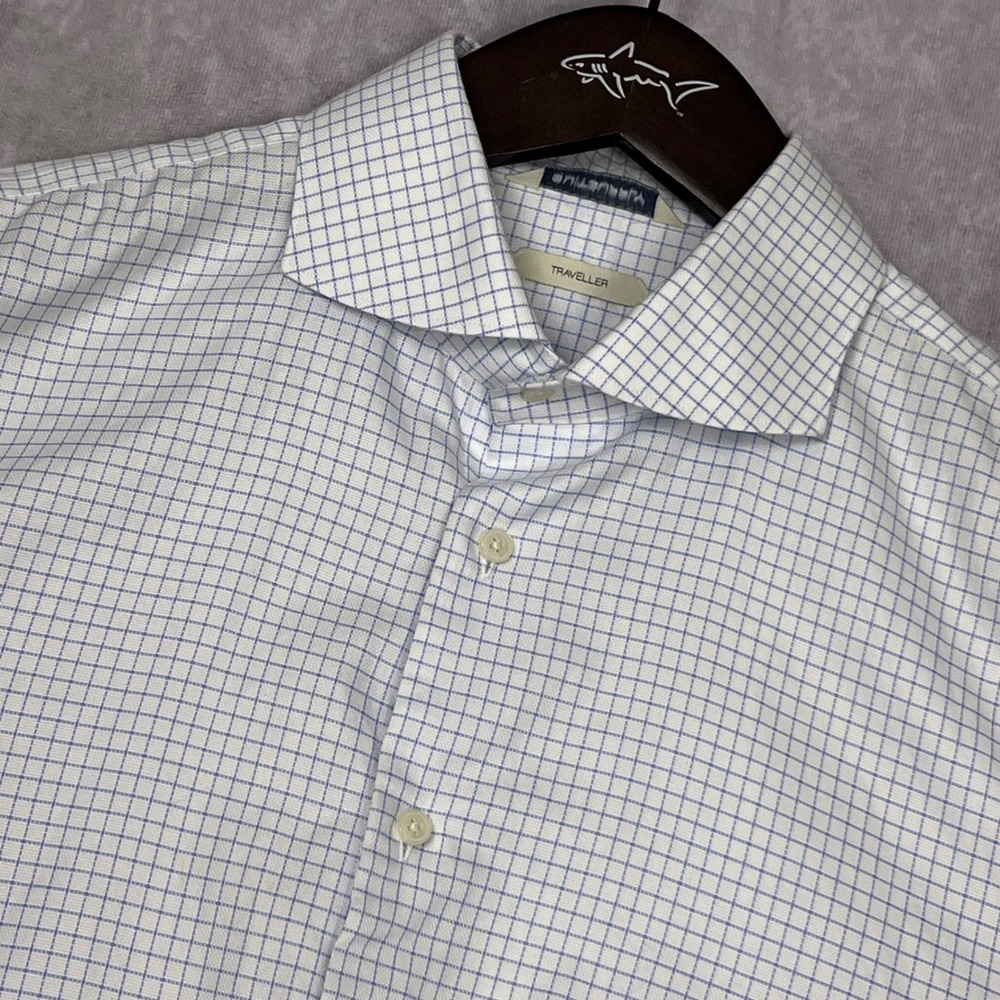 Suitsupply Traveller Dress Shirt Mens White Blue Grid Check Spread Collar L/S